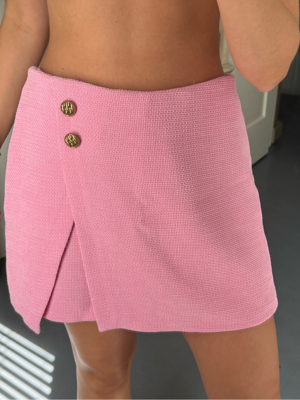 Pink Mini Skort with Gold Button Detail - Women